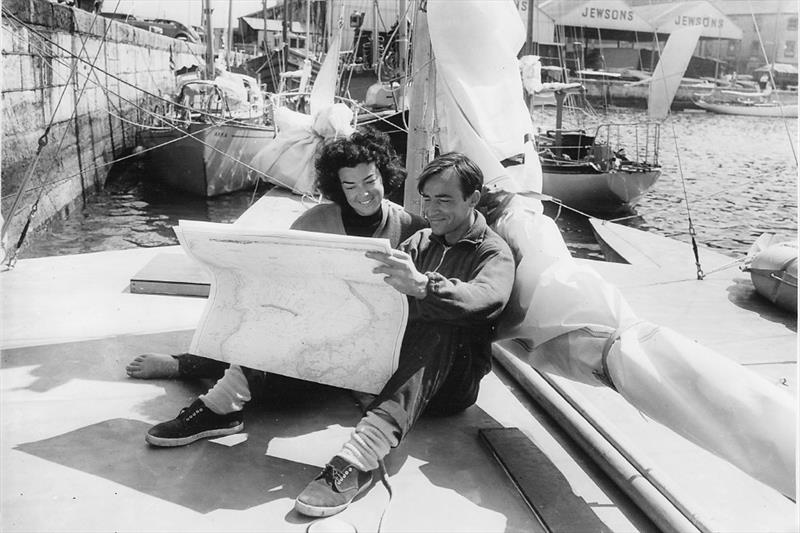 Derek and his first wife Claire Kelsall on the deck of the 35' Piver trimaran before the 1964 OSTAR race start - photo © Unknown