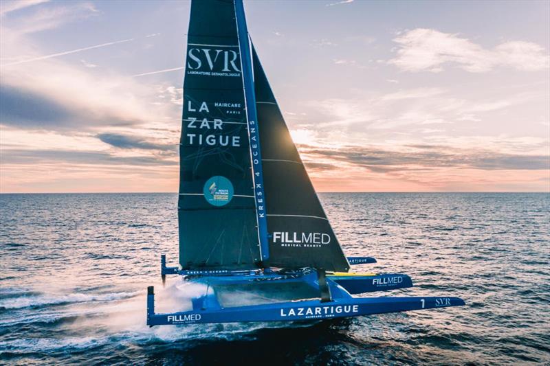 Third Fastnet for singlehanded round the world record holder François Gabart competing on Ultim SVR-Lazartigue photo copyright Guillaume Gatefait taken at Royal Ocean Racing Club and featuring the Trimaran class