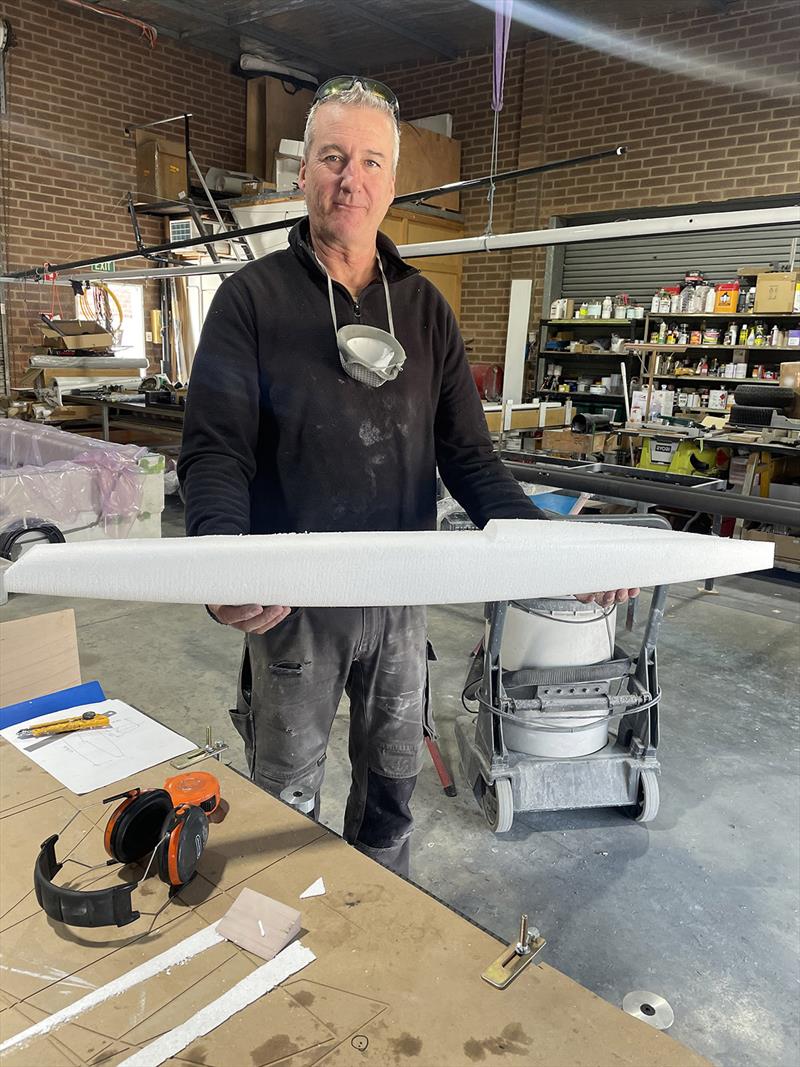 Simon with a cnc model of a radio control trimaran hull - photo © Kinetix