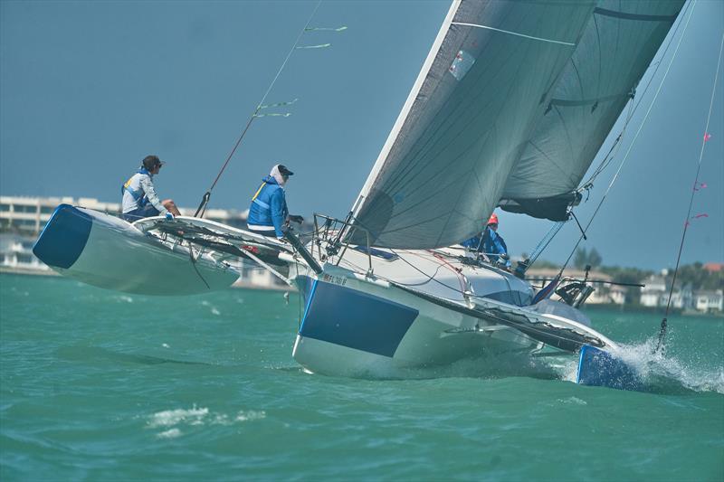 Racecourse action at the 2025 Sarasota Bay Multihull Regatta photo copyright Jennifer Joy Walker (www.jenniferjoywalker.com) taken at Sarasota Sailing Squadron and featuring the Trimaran class