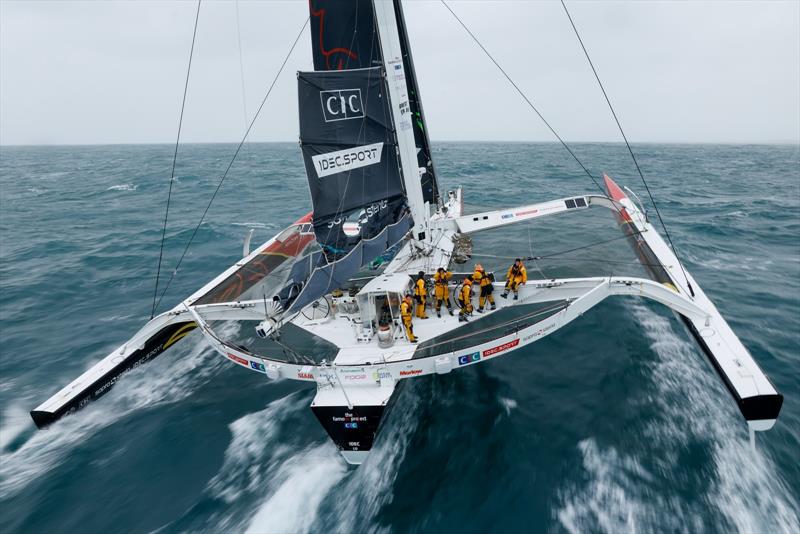 Arrival of Alexia Barrier and his crew of The Famous Project CIC Dee Caffari, Annemieke Bes, Deborah Blair, Molly LaPointe, Támara Echegoyen, Stacey Jackson and Rebecca Gmür Hornell – aboard Maxi Trimaran IDEC Sport off Ouessant, after Jules Verne Trophy - photo © Lloyd / Jmliot Images / CIC