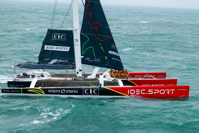 Arrival of Alexia Barrier and his crew of The Famous Project CIC Dee Caffari, Annemieke Bes, Deborah Blair, Molly LaPointe, Támara Echegoyen, Stacey Jackson and Rebecca Gmür Hornell – aboard Maxi Trimaran IDEC Sport off Ouessant, after Jules Verne Trophy - photo © Lloyd / Jmliot Images / CIC