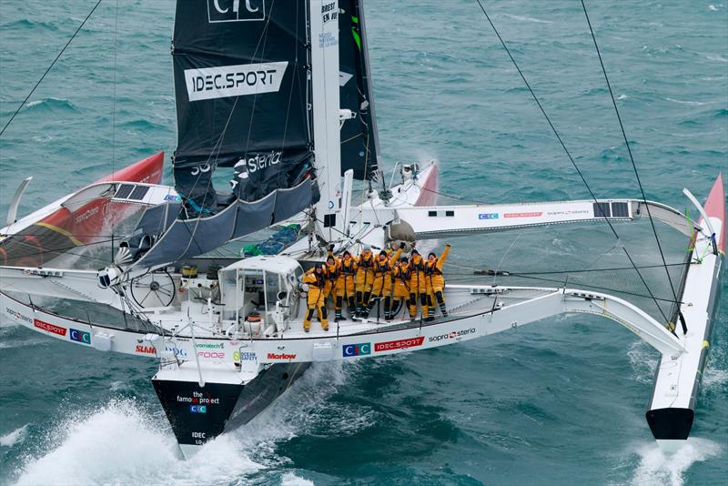 Arrival of Alexia Barrier and his crew of The Famous Project CIC Dee Caffari, Annemieke Bes, Deborah Blair, Molly LaPointe, Támara Echegoyen, Stacey Jackson and Rebecca Gmür Hornell – aboard Maxi Trimaran IDEC Sport off Ouessant, after Jules Verne Trophy - photo © Lloyd / Jmliot Images / CIC