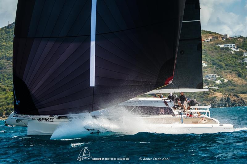 The Rapido 40 Spike charges hard downwind - Caribbean Multihull Challenge Race and Rally 2026 photo copyright Andre Dede Knol taken at Sint Maarten Yacht Club and featuring the Trimaran class