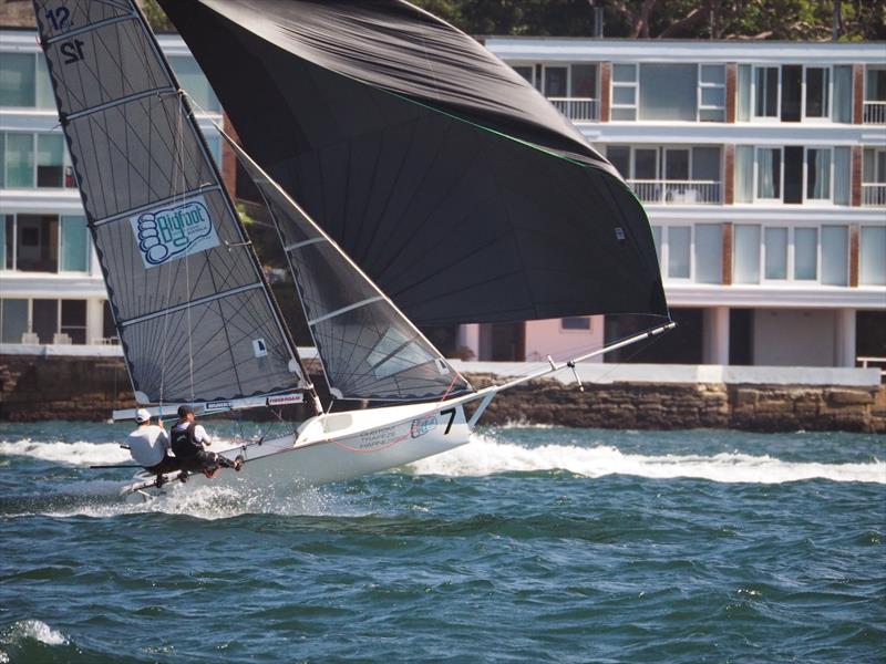 Bigfoot Custom Trapeze Harnesses gets up and romping on day 3 of the 12ft Skiff Interdominions photo copyright Grant Casey taken at Australian 18 Footers League and featuring the 12ft Skiff class