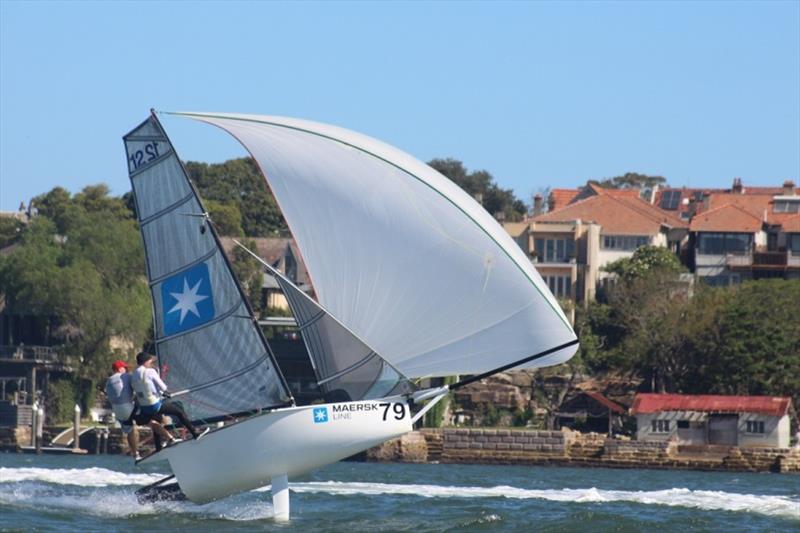 Maersk gets airborne (Adam Forbes and Ben Gemmell - 12ft Skiff NSW Championship photo copyright Vita Williams taken at Lane Cove 12ft Sailing Skiff Club and featuring the 12ft Skiff class