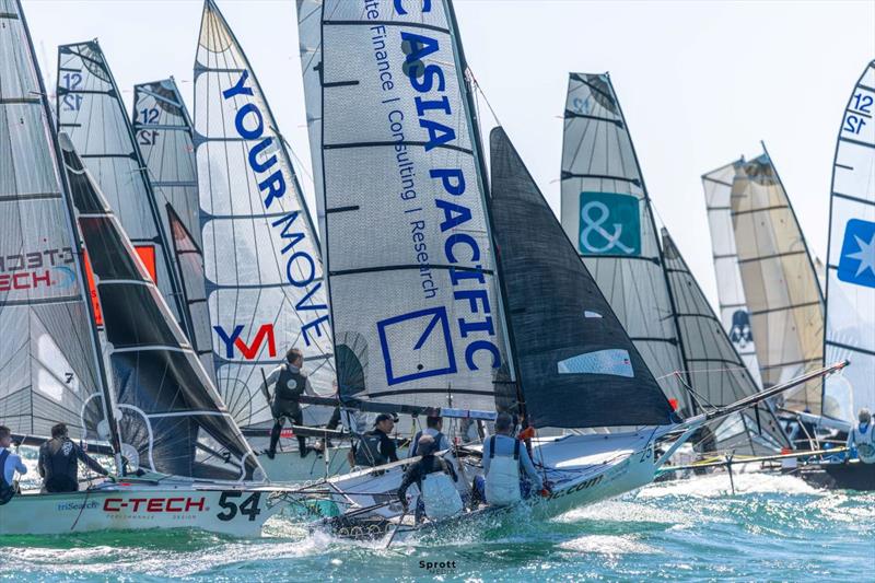 Logjam at the start - LCC Asia Paciic well positioned - 2026 Tri Search 12ft Skiff Interdominion Championship photo copyright @sprottmedia taken at Australian 18 Footers League and featuring the 12ft Skiff class