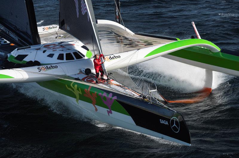 Thomas Coville aboard Sodebo Ultim 3 during the Arkéa Ultim Challenge - Brest photo copyright Vincent Curutchet/Team Sodebo taken at  and featuring the Ultim class