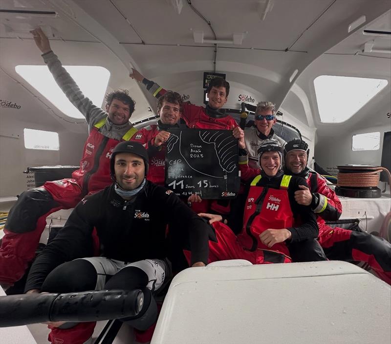Sodebo Ultim 3 - celebrating rounding the Cape of Good Hope - Jules Verne Trophy record attempt - December 2024 photo copyright Team Sodebo taken at Yacht Club de France and featuring the Ultim class