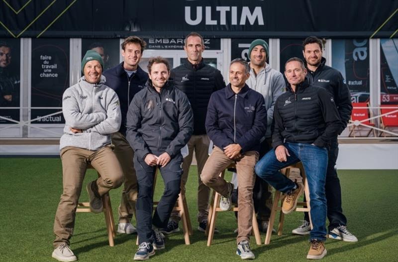 Ultim Sodebo Ultim 3 skippers Thomas Coville & Benjamin Schwartz, SVR-Lazartigue skippers Tom Laperche & Franck Cammas, Maxi Banque Populaire XI skippers Armel Le Cleac'h & Sebastien Josse, Actual Ultim 4 skippers Anthony Marchand and and Julien Villion photo copyright Jean-Louis Carli / Alea taken at  and featuring the Ultim class