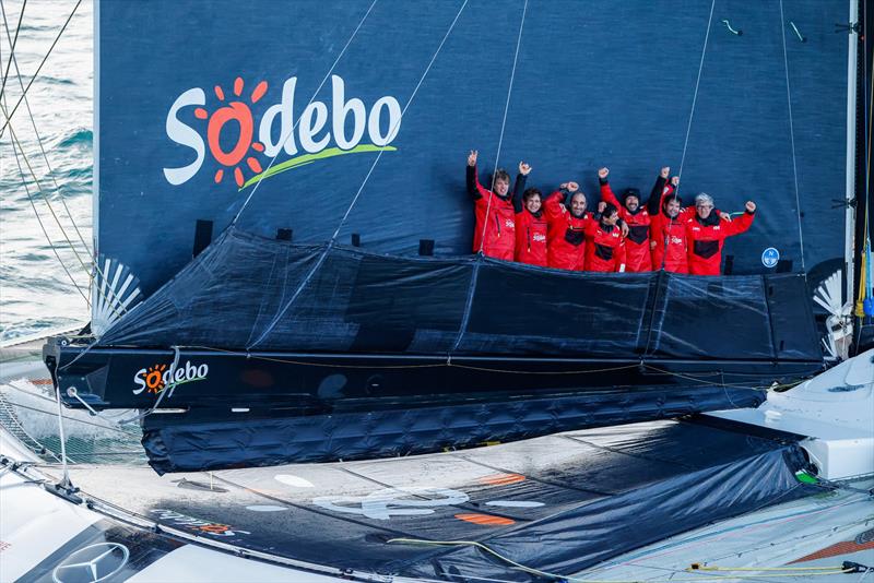 Thomas Colville and crew on Sodebo Ultim 3 off Ouessant, win the Jules Verne Trophy, a non-stop crewed round-the-world race, in Brest on Sunday 25th 2026 - photo © Lloyd Images / Sodebo