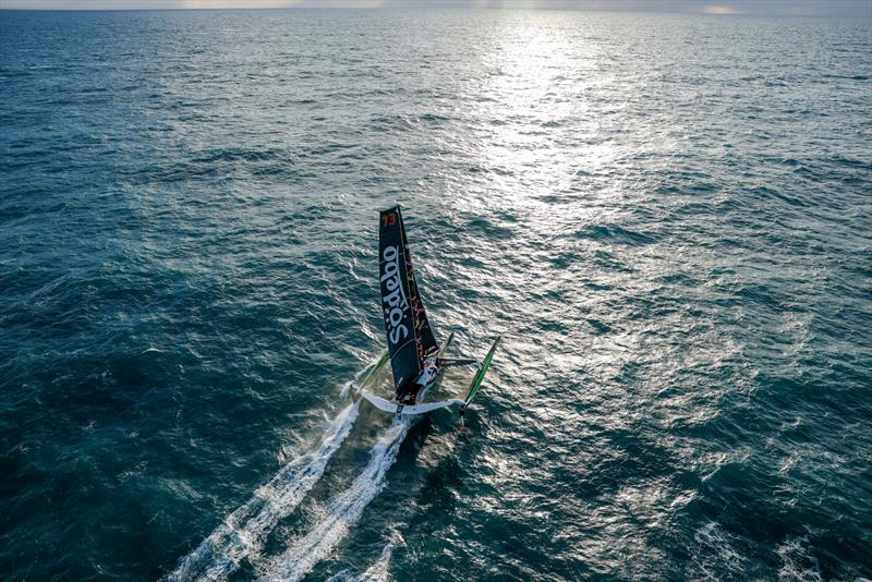 Thomas Colville and crew on Sodebo Ultim 3 off Ouessant, win the Jules Verne Trophy, a non-stop crewed round-the-world race, in Brest on Sunday 25th 2026  photo copyright Lloyd Images / Sodebo taken at  and featuring the Ultim class