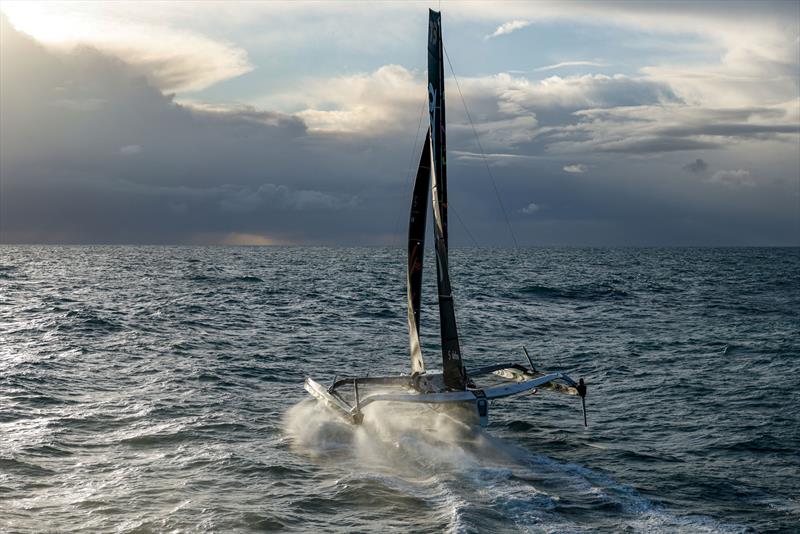 Thomas Colville and crew on Sodebo Ultim 3 off Ouessant, win the Jules Verne Trophy, a non-stop crewed round-the-world race, in Brest on Sunday 25th 2026  photo copyright Lloyd Images / Sodebo taken at  and featuring the Ultim class