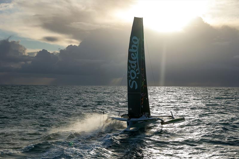 Thomas Colville and crew on Sodebo Ultim 3 off Ouessant, win the Jules Verne Trophy, a non-stop crewed round-the-world race, in Brest on Sunday 25th 2026  photo copyright Lloyd Images / Sodebo taken at  and featuring the Ultim class