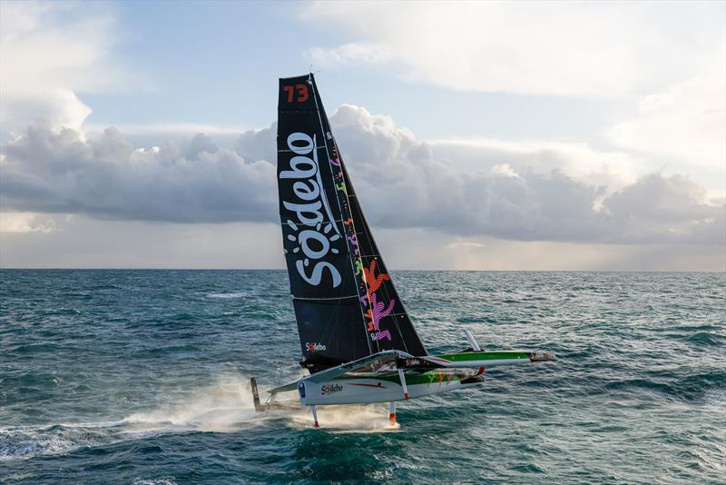 Thomas Colville and crew on Sodebo Ultim 3 off Ouessant, win the Jules Verne Trophy, a non-stop crewed round-the-world race, in Brest on Sunday 25th 2026 - photo © Lloyd Images / Sodebo