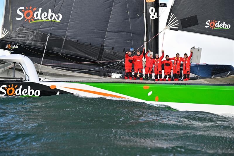 Thomas Colville and crew on Sodebo Ultim 3 off Ouessant, win the Jules Verne Trophy, a non-stop crewed round-the-world race, in Brest on Sunday 25th 2026  photo copyright Jean-Louis Carli / Sodebo taken at  and featuring the Ultim class
