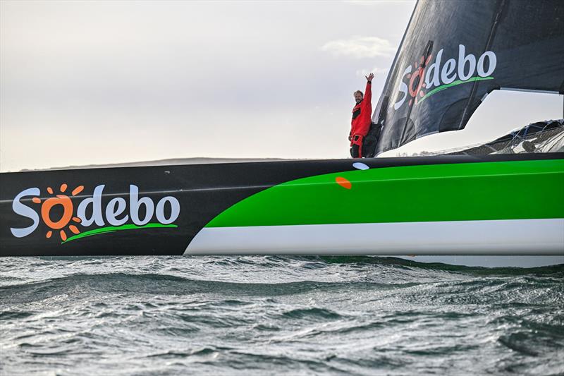 Thomas Colville and crew on Sodebo Ultim 3 off Ouessant, win the Jules Verne Trophy, a non-stop crewed round-the-world race, in Brest on Sunday 25th 2026  photo copyright Jean-Louis Carli / Sodebo taken at  and featuring the Ultim class