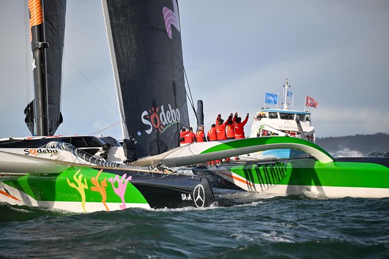 Thomas Colville and crew on Sodebo Ultim 3 off Ouessant, win the Jules Verne Trophy, a non-stop crewed round-the-world race, in Brest on Sunday 25th 2026  photo copyright Jean-Louis Carli / Sodebo taken at  and featuring the Ultim class