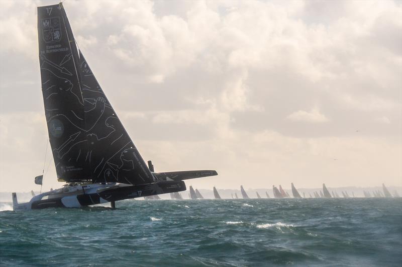 French skipper Charles Caudrelier aboard his ultimate multihull Maxi Edmond de Rothschild leads the fleet after the start of the Route du Rhum solo sailing race, in Saint-Malo on November 9, 2022 - photo © Loic Venance