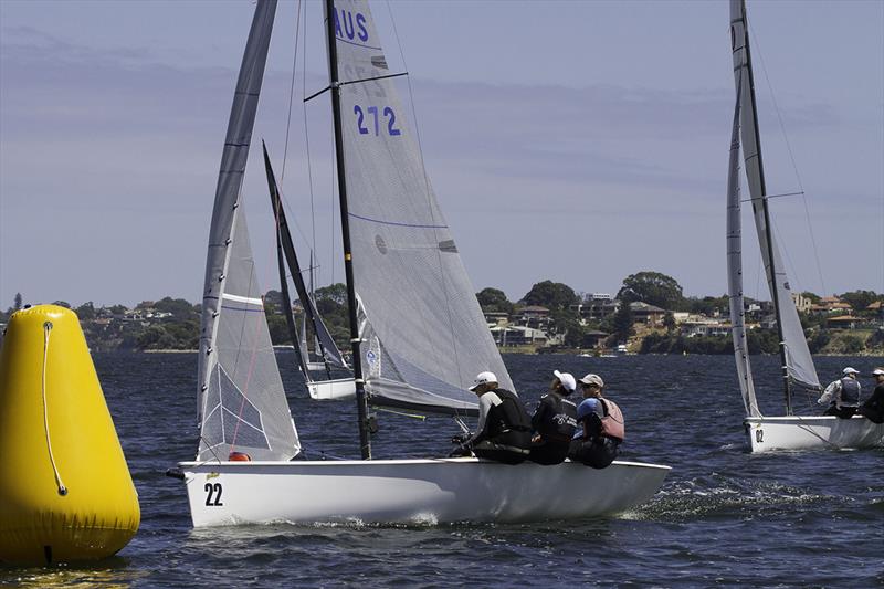 Nick Jerwood leads the fleet to the windward mark ahead of Albany skipper Michael Cameron (boat 02) - 2018 Schweppes Viper World Championship - Day 2 photo copyright Bernie Kaaks taken at South of Perth Yacht Club and featuring the Viper 640 class
