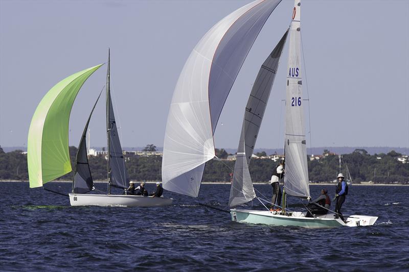 Denis Jones looks around in surprise as Martin Webster emerges from the right to spoil his all-the-way lead - 2018 Schweppes Viper World Championship - Day 2 photo copyright Bernie Kaaks taken at South of Perth Yacht Club and featuring the Viper 640 class