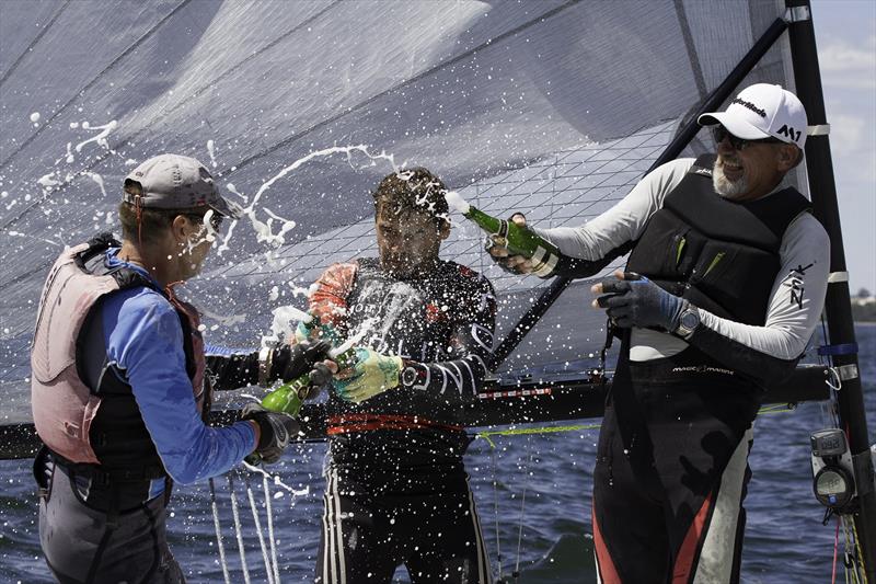 Nick Jerwood, son Matt Jerwood and Brian de Vries celebrate winning the 2018 Schweppes Viper World Championship photo copyright Bernie Kaaks taken at South of Perth Yacht Club and featuring the Viper 640 class