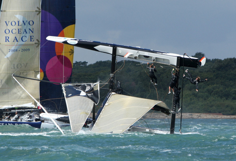A dramatic pitchpole for BMW Oracle Racing on the final day of the iShares Cup at Skandia Cowes Week photo copyright onEdition taken at  and featuring the Extreme 40 class