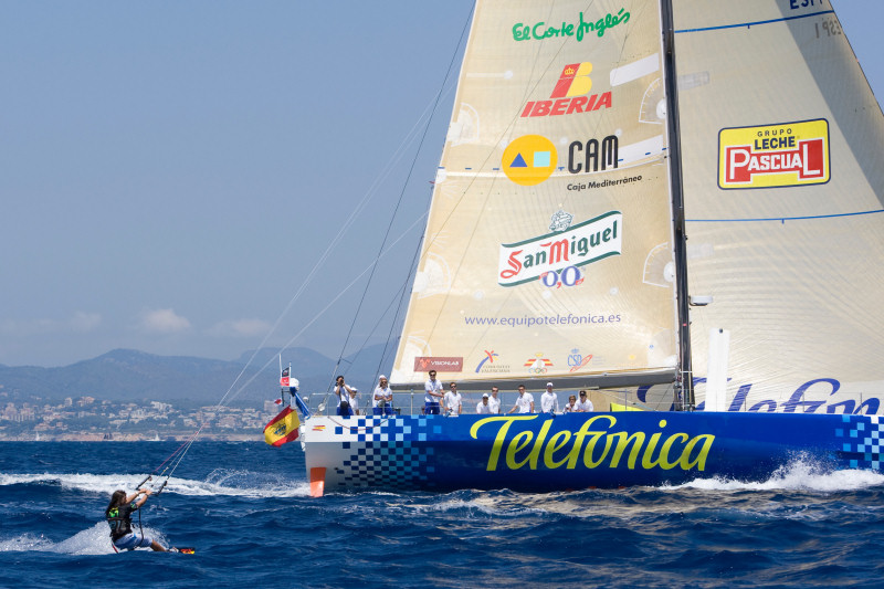 14 year old, 4 times kite-surfing world champion, Gisela Pulido from Barcelona, shows off her skills on the water, performing an exhibition display for Bouwe Bekking and the crew of Telefonica Blue photo copyright Maria Muina / Equipo Telefonica taken at  and featuring the Volvo 70 class