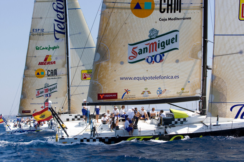 Telefonica Blue, skippered by Bouwe Bekking and Telefonica Black, skippered by Pedro Campos at the Copa Del Rey in Palma de Mallorca photo copyright Maria Muina / Equipo Telefonica taken at  and featuring the Volvo 70 class