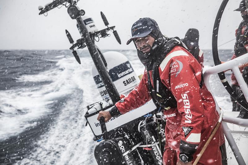 Chuni Bermudez on board Vestas 11th Hour photo copyright Martin Keruzore / Volvo Ocean Race taken at  and featuring the Volvo One-Design class