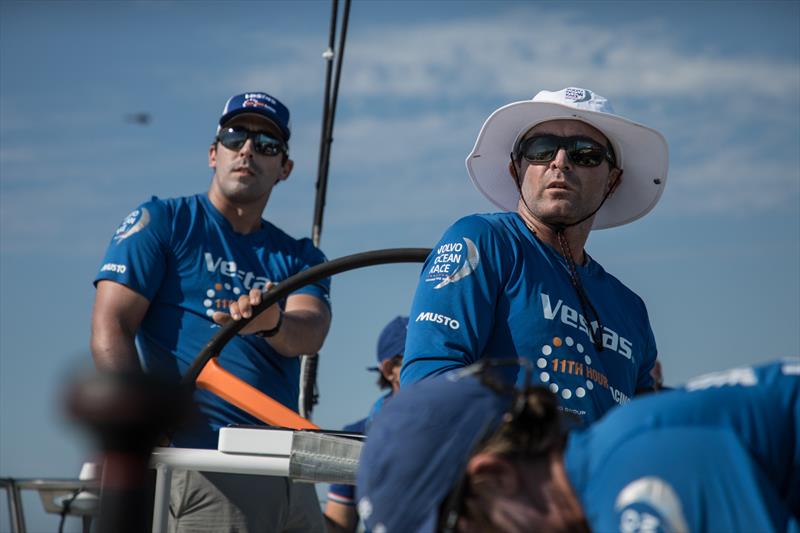 Mark Towill driving Vestas 11th Hour at the start with skipper, Charlie Enright trimming the mainsail as Volvo Ocean Race Leg 8 from Itajaí to Newport starts - photo © Martin Keruzore / Volvo Ocean Race