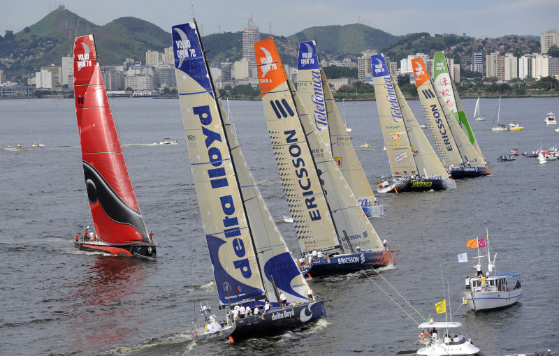 The fleet line up for the start of the Light In-port Race in the Volvo Ocean Race in Rio de Janeiro photo copyright Rick Tomlinson / Volvo Ocean Race taken at  and featuring the Volvo 70 class