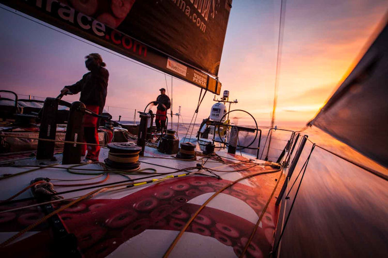 A rare North Atlantic sunset highlights Michi Müller and Kelvin Harrap on deck on PUMA during leg 7 of the Volvo Ocean Race photo copyright Amory Ross / PUMA Ocean Racing / Volvo Ocean Race taken at  and featuring the Volvo 70 class