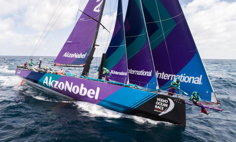 AkzoNobel crew climb the damaged mast after suffering a sail track issue - now under repair 14 December, 2017 photo copyright James Blake / Volvo Ocean Race taken at  and featuring the Volvo One-Design class