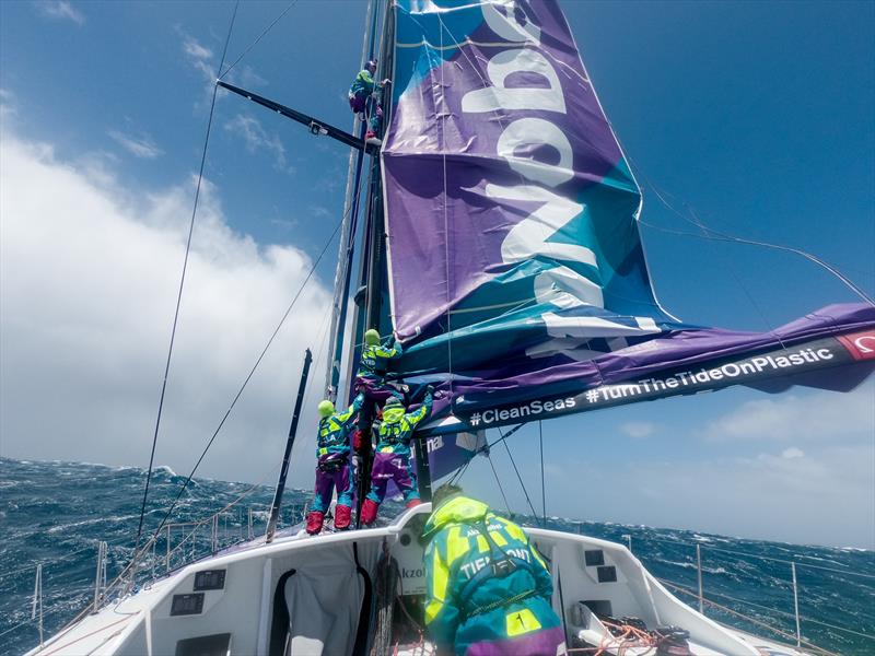 AkzoNobel crew climb the damaged mast after suffering a sail track issue - now under repair 14 December, 2017 photo copyright James Blake / Volvo Ocean Race taken at  and featuring the Volvo One-Design class