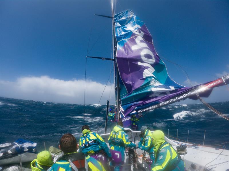 AkzoNobel crew climb the damaged mast after suffering a sail track issue - now under repair 14 December, 2017 photo copyright James Blake / Volvo Ocean Race taken at  and featuring the Volvo One-Design class