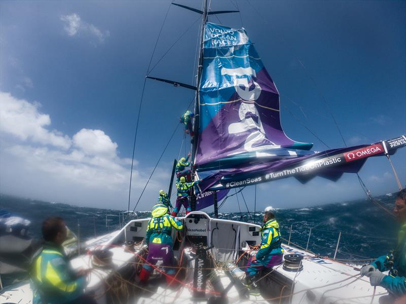 AkzoNobel crew climb the damaged mast after suffering a sail track issue - now under repair 14 December, 2017 photo copyright James Blake / Volvo Ocean Race taken at  and featuring the Volvo One-Design class