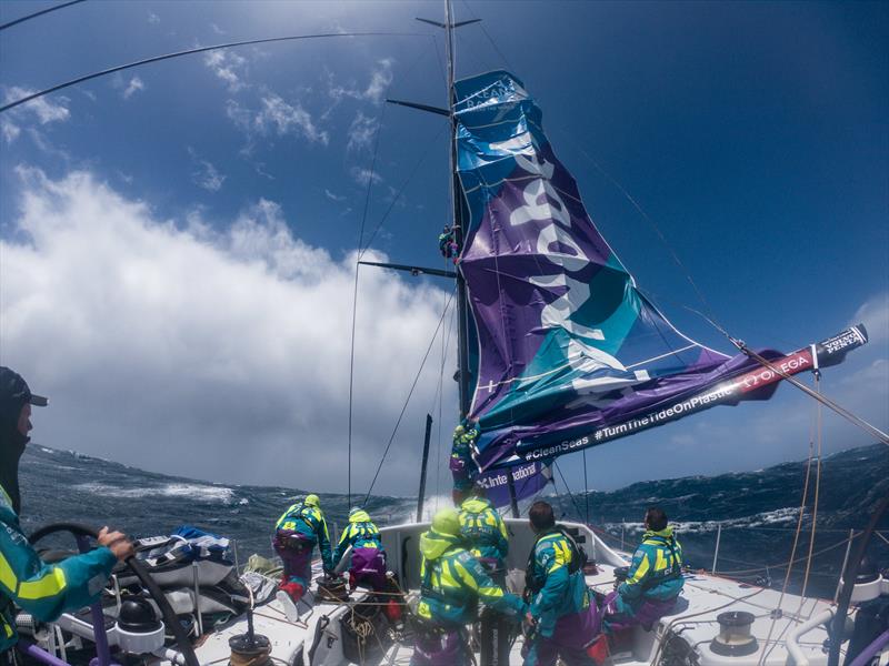 AkzoNobel crew climb the damaged mast after suffering a sail track issue - now under repair 14 December, 2017 photo copyright James Blake / Volvo Ocean Race taken at  and featuring the Volvo One-Design class