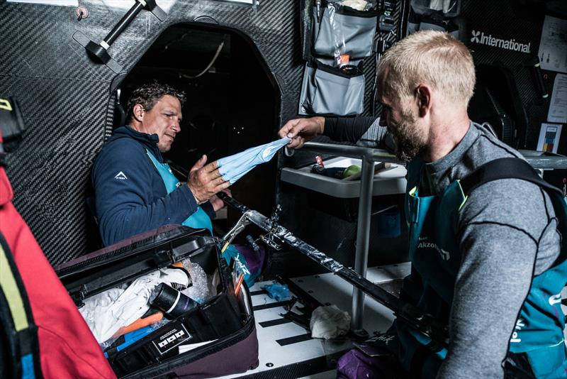 Leg 3, Cape Town to Melbourne, day 9, on board AkzoNobel. Repairs are on going. Justin Ferris and Brad Farrand fixing onme of the battens that broke again in the night. Always good to have a helpful hand around photo copyright James Blake / Volvo Ocean Race taken at Southern Yacht Club and featuring the Volvo One-Design class
