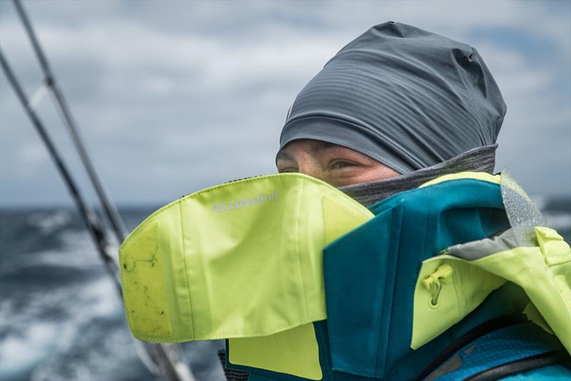 Leg 3, Cape Town to Melbourne, day 10, on board AkzoNobel. Emily Nagel should stay warm for the day. - photo © James Blake / Volvo Ocean Race