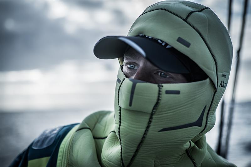 Leg 3, Cape Town to Melbourne, day 11, on board AkzoNobel. Nicolai Sehested settling in for a cold night on deck. - photo © James Blake / Volvo Ocean Race
