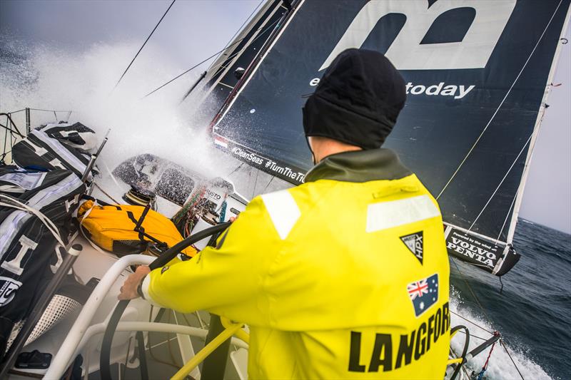 Leg 3, Cape Town to Melbourne, Day 10, on board Brunel, Kyle Langford surfing with a Volvo 65. - photo © Ugo Fonolla / Volvo Ocean Race