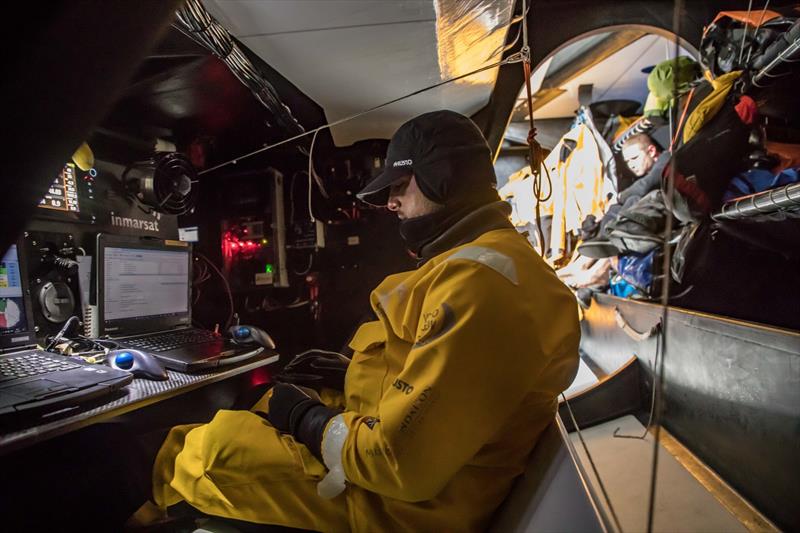 Leg 3, Cape Town to Melbourne, day 11, on board Turn the Tide on Plastic. Frederico De Melo feeling sick decides to take a break inside and wait to get better. Lucas Chapman in the back wondering if he should stay awake to cover for his team mate. - photo © Jeremie Lecaudey / Volvo Ocean Race