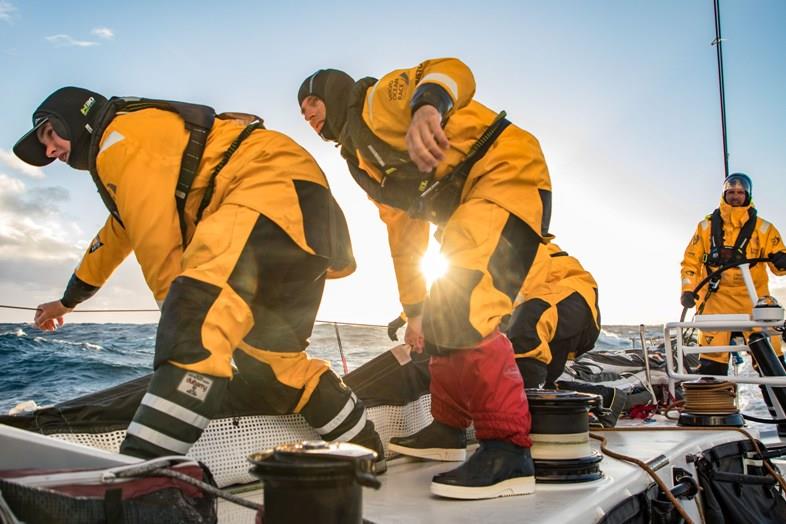 Leg 3, Cape Town to Melbourne, day 13, on board Turn the Tide on Plastic. Nico Lunven helping to stack the sail while preparig to set up the Fractional Code 0, aka FRO photo copyright Jeremie Lecaudey / Volvo Ocean Race taken at  and featuring the Volvo One-Design class