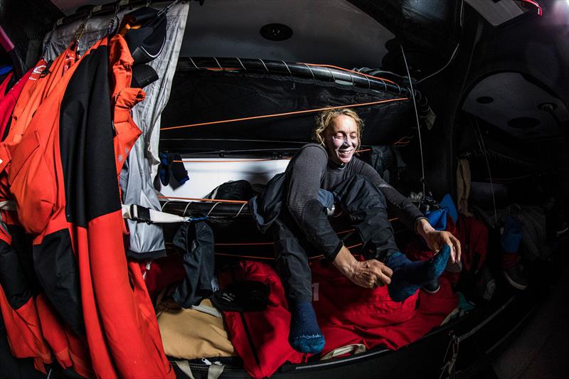 Leg 3, Cape Town to Melbourne, day 12, Annemieke Bes getting ready for a few hours rest on board Sun Hung Kai / Scallywag. - photo © Konrad Frost / Volvo Ocean Race