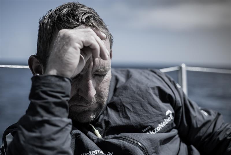Leg 3, Cape Town to Melbourne, day 12, on board AkzoNobel. Jules Salter takes a second of rest to soak in the rays. - photo © James Blake / Volvo Ocean Race