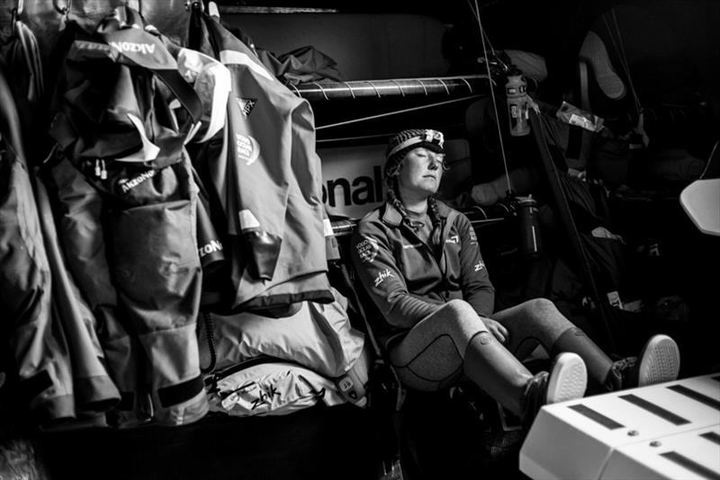 Leg 3, Cape Town to Melbourne, day 13, on board AkzoNobel. Emily Nagel grabbing 40 winks. This seat seems to be a favourite for a quick nap. - photo © James Blake / Volvo Ocean Race