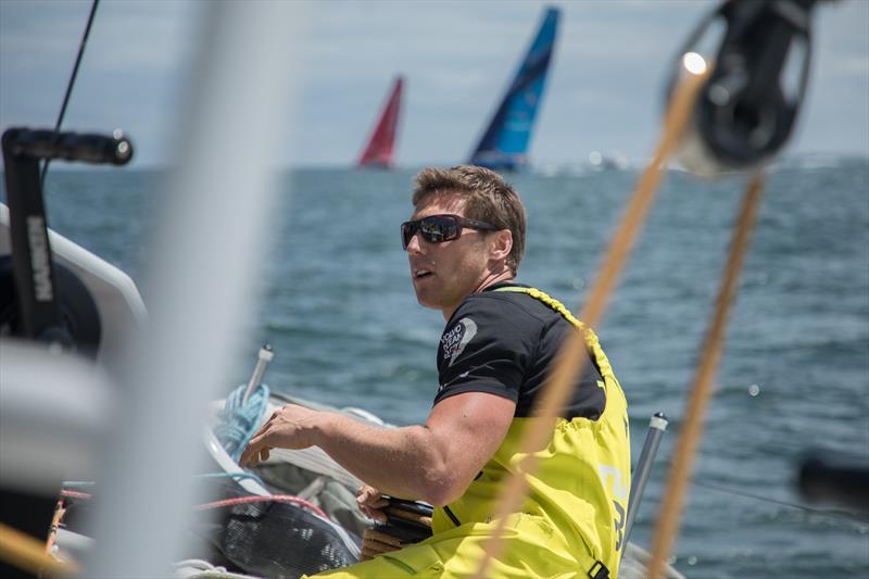 Leg 4, Melbourne to Hong Kong, day 01 on board Brunel. Rome Kirby trimming the front sail just after the start of leg 4 photo copyright Yann Riou / Volvo Ocean Race taken at Royal Melbourne Yacht Squadron and featuring the Volvo One-Design class