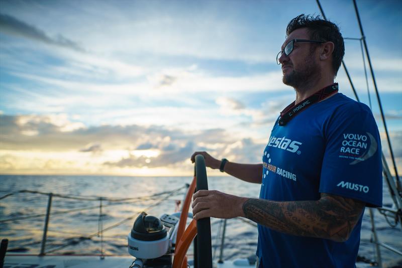 Leg 4, Melbourne to Hong Kong, day 10, Phil Harmer driving at sunrise on board Vestas 11th Hour, with the fleet in chase to the south and west photo copyright Amory Ross / Volvo Ocean Race taken at  and featuring the Volvo One-Design class