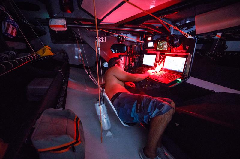 Leg 4, Melbourne to Hong Kong, day 11, Mark Towill monitors the radar and competitors AkzoNobel and Dongfeng, both on AIS, from the nav station on board Vestas 11th Hour photo copyright Amory Ross / Volvo Ocean Race taken at  and featuring the Volvo One-Design class